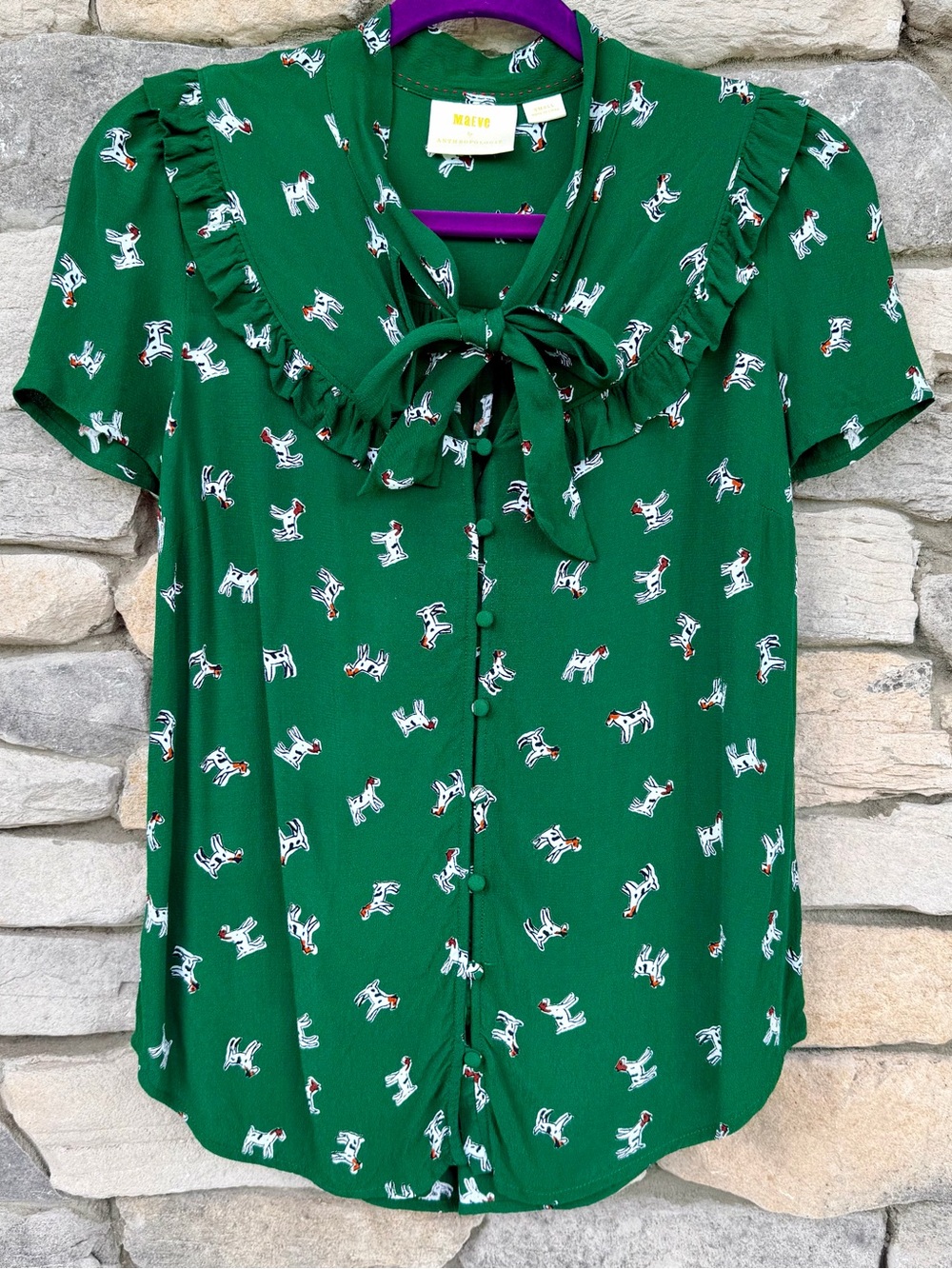 Anthropologie Maeve Adagio Ruffled Dog Print Blouse Green Small